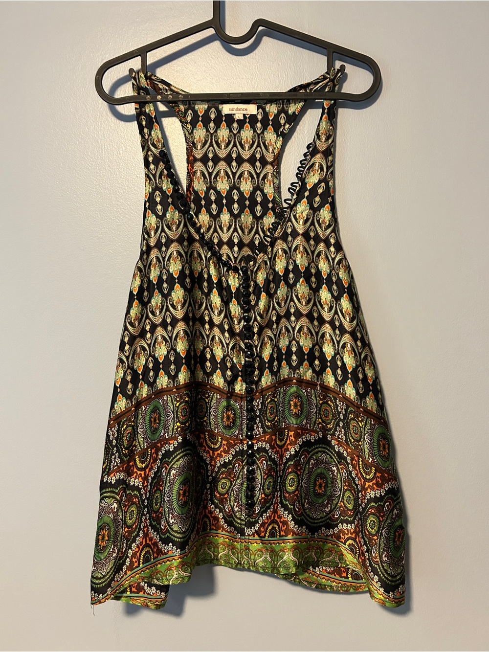 Sundance Silk Large Black Paisley Racerback Tank with Green and Orange Accents